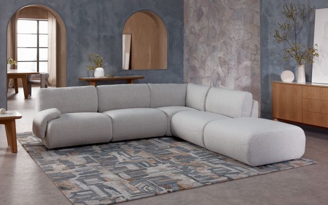 Willow 6 Seat Corner Modular With right facing Ottoman in Ruby fabric marble
