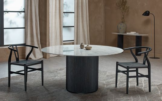 Flute Dining Table Round - Black Oak with Marble Top