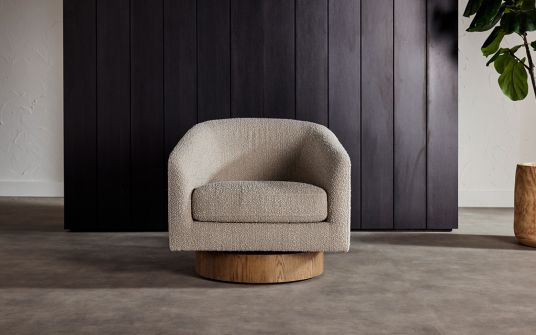 Barrel fabric swivel armchair
