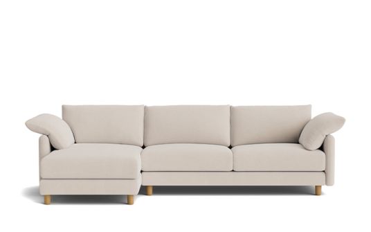 Milo 3 seat sofa with right arm facing chaise in Link Pebble Fabric 
